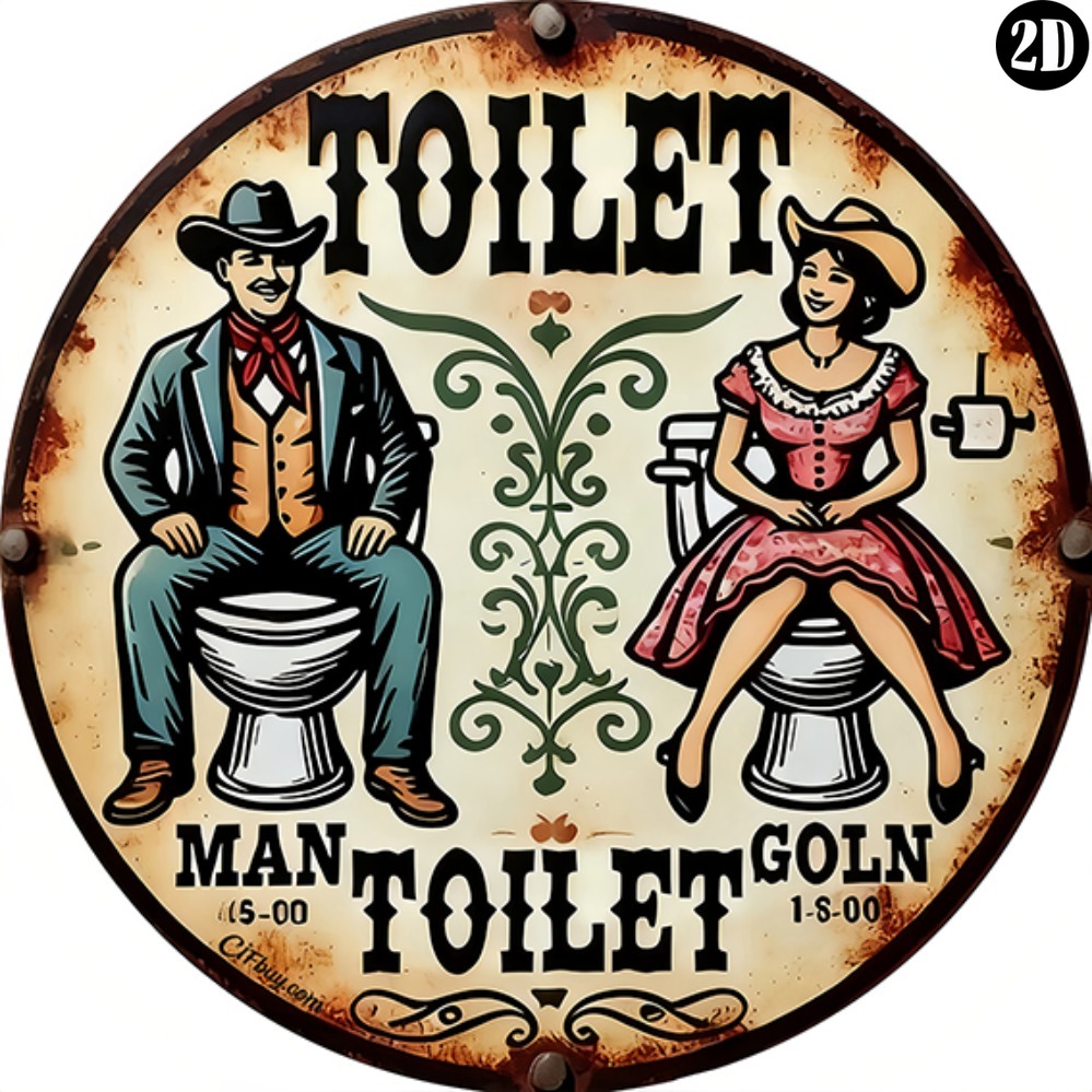 Embroidery Wall Art - Vintage Cowboy Toilet Round Metal Sign,