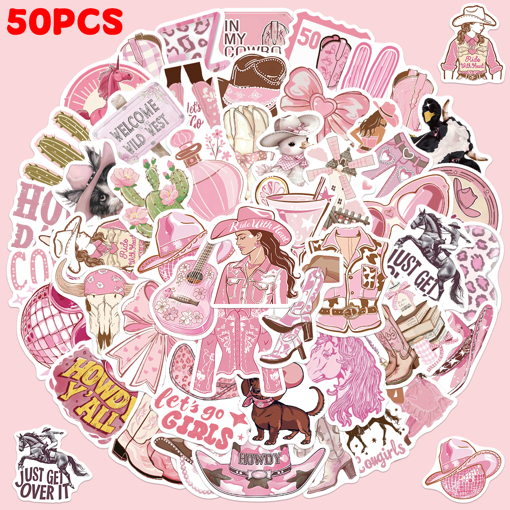 Embroidery Wall Art - 50PCS Pink Cowgirl Stickers Waterproof Vinyl