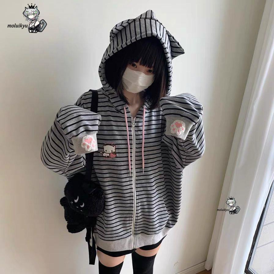 Y2K Women Striped Zip Up Jacke - Embroidery Cat recensione e prezzo
