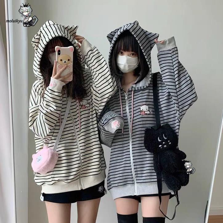Y2K Women Striped Zip Up Jacke - Embroidery Cat recensione e prezzo