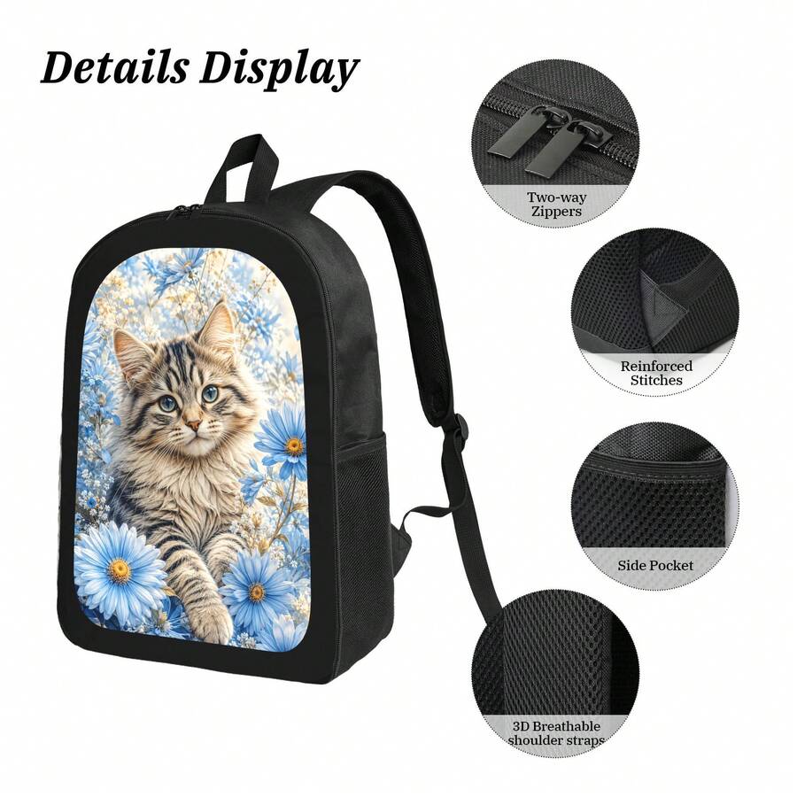 Blue Daisy Cat Print Backpack  - Embroidery Cat recensione e prezzo